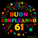 GIF animata 'Buon Compleanno 61' con lettere colorate e fuochi d'artificio