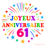 GIF animé joyeux anniversaire 61 ans avec étoiles multicolores et feu d’artifice