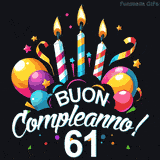 Augura buon compleanno ai 61 anni con questa GIF colorata e festosa: palloncini, stelle e candele per un augurio digitale indimenticabile