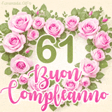 GIF per il 61° compleanno con un cuore di rose rosa e scritta elegante