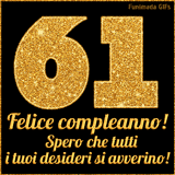Un GIF animato per un 61° compleanno, Presenta il testo 'Buon Compleanno 61' su uno sfondo giallo vivo con palloncini colorati, festoni e una pioggia di coriandoli.