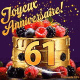 Une animation de célébration d'un gâteau de 61ème anniversaire, Des étoiles dorées tombent du ciel, mettant en valeur le texte 'Joyeux Anniversaire !' et le nombre doré 61 à l'avant du gâteau.