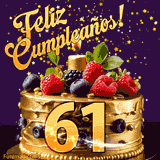 Una animación de celebración de una tarta para el 61º cumpleaños, Estrellas doradas caen del cielo, destacando el texto '¡Feliz Cumpleaños!' y el número dorado 61 en la tarta.