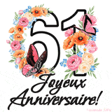 Ce GIF de Joyeux 61ème Anniversaire présente le nombre vingt rempli d'un bouquet vibrant de fleurs animées, avec des papillons qui bougent doucement sur un fond blanc.