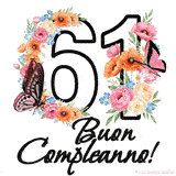 Questo GIF di Buon 61° Compleanno mostra il numero venti riempito con un vibrante bouquet di fiori animati, con farfalle che si muovono dolcemente su uno sfondo bianco.