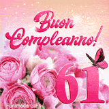 GIF buon compleanno 61 anni con fiori rosa, farfalla animata e scintille dorate che illuminano il numero rosa centrale.