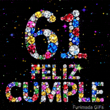 El número 61 y las letras de FELIZ CUMPLE están formados por gemas brillantes de varios colores, sobre un fondo negro con estrellas de colores.