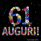 Su uno sfondo scuro, il numero 61 e la parola Auguri sono formati da diamanti multicolori, accompagnati da piccole stelle scintillanti.