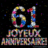 Sur un fond sombre, le chiffre 61 et Joyeux Anniversaire sont formés par des diamants multicolores, accompagnés de petites étoiles scintillantes.