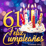 Imagen animada de Feliz Cumpleaños 61 años con el número 61 de oro, una tarta festiva y destellos luminosos.