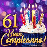 Immagine animata di Buon Compleanno 61 anni con il numero 61 d'oro, una tortina festosa e scintillii luminosi.