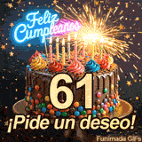 El dígito 61 dorado se impone sobre una tarta decorada. Lluvia de estrellas y una chispeante bengala iluminan las coloridas letras de Feliz Cumpleaños.