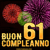 Animazione di fuochi d'artificio colorati con il numero 61 in oro brillante e la scritta 'Buon Compleanno' su uno sfondo nero festivo ed elegante.