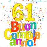 Animazione con il numero 61 in giallo e scritte multicolore 'Buon Compleanno!', accompagnate da una pioggia di stelle e coriandoli colorati.