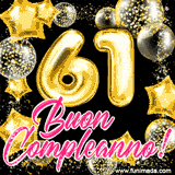 Animazione con palloncini dorati a forma del numero 61, circondati da decorazioni scintillanti e la scritta 'Buon Compleanno!' in caratteri rosa accattivanti.