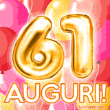 Bouquet animato di palloncini multicolori che emergono da una scatola regalo, con il numero 61 e la scritta 'Tanti Auguri!' su uno sfondo pieno di coriandoli.