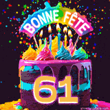 GIF animé pour un 61e anniversaire avec un gâteau au chocolat recouvert de glaçage arc-en-ciel, des bougies allumées, et le texte 'Bonne Fête' sur un fond étoilé et festif.