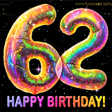 Shiny number 62 birthday celebration balloons with an iridescent glow and glitter on a black background with twinkling stars.