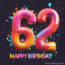 A vibrant age-specific birthday short animation displays the number '62' in shiny balloon-like letters with the words 'Happy Birthday' underneath. The dark background is punctuated with festive stars and balloons.