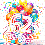 Animazione con palloncini colorati e scintillanti, accompagnata dal numero 62 in caratteri grandi e luminosi, e la scritta 'Tanti Auguri!' in stile vivace.