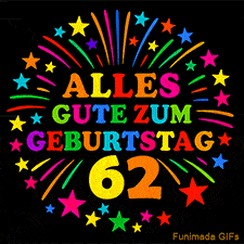 Animiertes GIF 'Alles Gute zum Geburtstag 62 mit bunten Buchstaben und leuchtenden Sternen