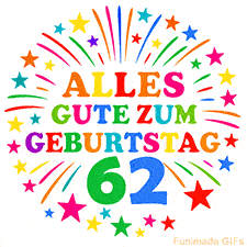 Bunte 'Alles Gute zum Geburtstag' Animation für den 62. Geburtstag mit Sternen und bunten Farben