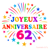 GIF animé joyeux anniversaire 62 ans avec étoiles multicolores et feu d’artifice