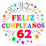 Imagen animada para felicitar los 62 años con letras de colores y diseño festivo.