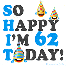 A fun birthday animation celebrating turning 62 with colorful party hats, smiling faces, and cheerful emojis.