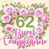 GIF per il 62° compleanno con un cuore di rose rosa e scritta elegante
