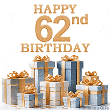 Festive animated eCard with elegant 'Happy 62nd Birthday' text above a pile of luxurious blue, white, and gold gift boxes and presents.