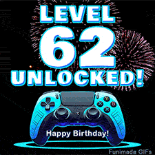 Animated GIF for a 62 birthday. The text 'Level 62 Unlocked!' and 'Happy Birthday!' are displayed over a blue video game controller with exploding fireworks in the background.