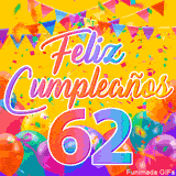 Un GIF animado para un 62º cumpleaños, Muestra el texto 'Feliz Cumpleaños 62' sobre un fondo amarillo vibrante con globos de colores, banderines y una lluvia de confeti.