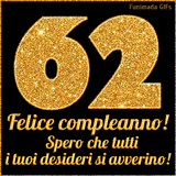 Un GIF animato per un 62° compleanno, Presenta il testo 'Buon Compleanno 62' su uno sfondo giallo vivo con palloncini colorati, festoni e una pioggia di coriandoli.