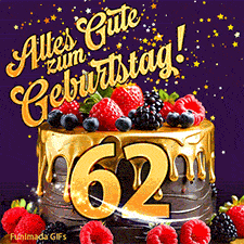 Eine köstlich aussehende animierte Geburtstagskarte für den 62. Geburtstag, dekoriert mit Erdbeeren, Blaubeeren und goldenen Details, Sterne funkeln und fallen, mit 'Alles Gute zum Geburtstag!'-Text.