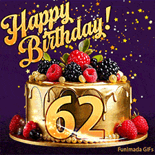 A delicious-looking animated birthday card for a 62nd birthday, decorated with raspberries, blackberries, and gold details, Stars sparkle and fall, with 'Happy Birthday!' text above.