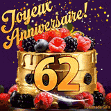 Une animation de célébration d'un gâteau de 62ème anniversaire, Des étoiles dorées tombent du ciel, mettant en valeur le texte 'Joyeux Anniversaire !' et le nombre doré 62 à l'avant du gâteau.