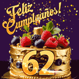 Una animación de celebración de una tarta para el 62º cumpleaños, Estrellas doradas caen del cielo, destacando el texto '¡Feliz Cumpleaños!' y el número dorado 62 en la tarta.