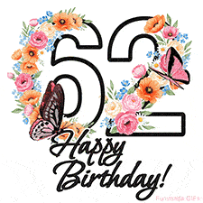 A floral 62nd birthday animated greeting card. The number '62' is surrounded by animated flowers and butterflies, creating a beautiful and cheerful way to celebrate the milestone.