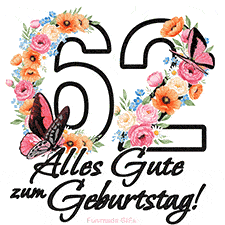 Ein florales GIF zum 62. Geburtstag. Die Zahl '62' ist von animierten Blumen und Schmetterlingen umgeben und bietet eine schöne und fröhliche Art, den Meilenstein zu feiern.
