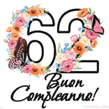 Questo GIF di Buon 62° Compleanno mostra il numero venti riempito con un vibrante bouquet di fiori animati, con farfalle che si muovono dolcemente su uno sfondo bianco.