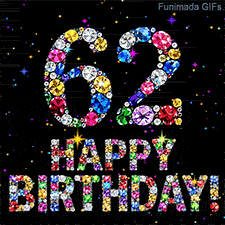 The number 62 and the phrase Happy Birthday composed of bright glittering precious stones, set against a dark canvas animated with little shining color stars.