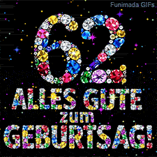 Ein schwarzer Hintergrund präsentiert die Zahl 62 und den Text Alles Gute zum Geburtstag aus funkelnden Diamanten und bunten Sternchen.