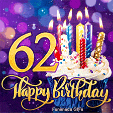Gold number 62 and Happy Birthday lettering beside a frosted cupcake topped with burning candles on a glowing purple bokeh backdrop with sparkles.