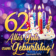 Goldene 62 neben einem Cupcake mit weißen Frosting und bunten Kerzen. Der Geburtstagsgruß ist in goldener Schrift vor violettem Hintergrund zu sehen.