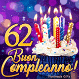 GIF di compleanno 62 anni presentante un bel dolcetto con candeline risplendenti e il numero 62 in oro su sfondo viola.