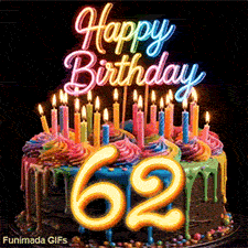 Rotating 62nd birthday cake GIF with colorful icing swirls, glowing rainbow Happy Birthday topper, and golden number 62.