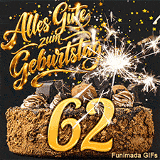 Goldene Schriftzüge und fallende Sternchen über einem Kuchen. Die Zahl 62 wird durch die leuchtenden Funken einer Wunderkerze stimmungsvoll erhellt.