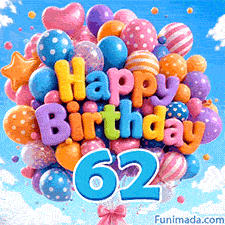 Swaying in the breeze, a big balloon bouquet spells the words Happy Birthday and has a large blue digit 62 tied to the ribbons below.