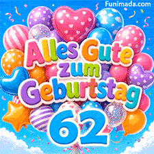 Im Wind wippend buchstabiert ein großer Ballonstrauß Alles Gute zum Geburtstag und hat eine blaue Ziffer 62 an den Bändern im unteren Bereich befestigt.
